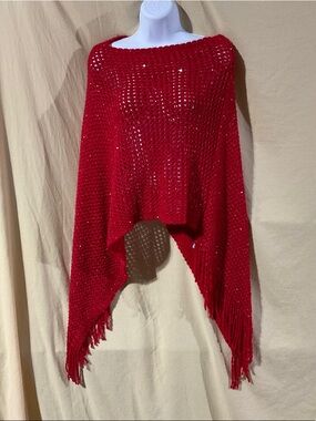Simplicity Red Crochet Fringe Sweater Poncho